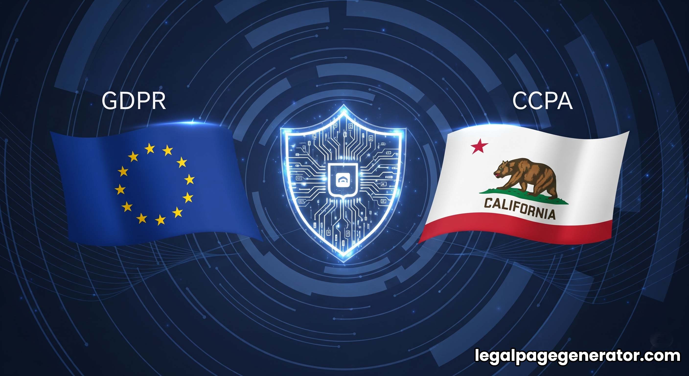 Flags of the EU and California with a shield between them