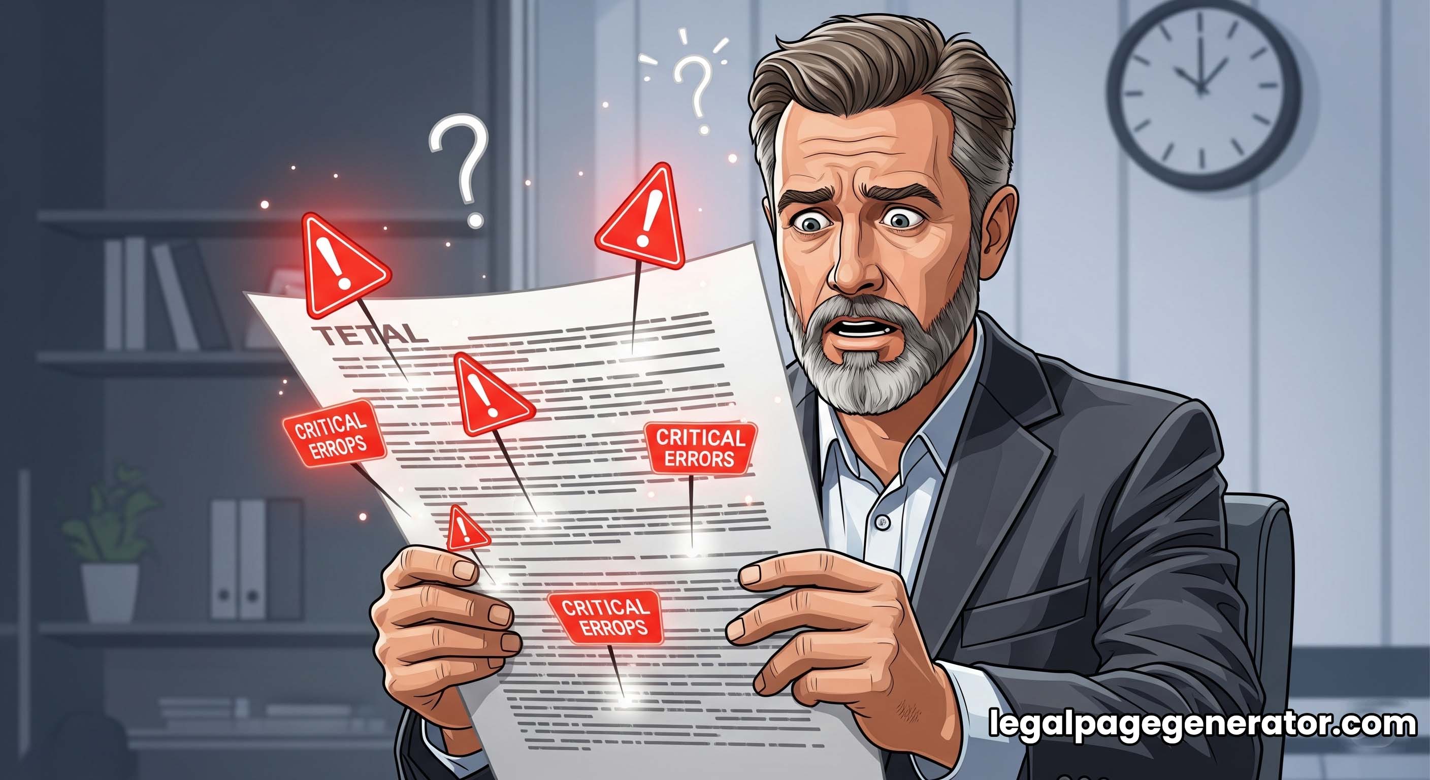 A person looking confused at a legal document with warning signs